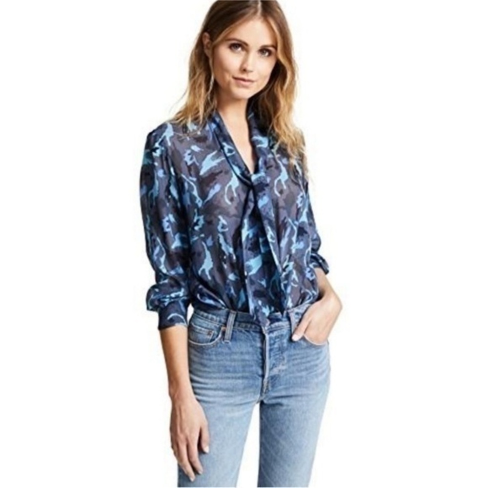 L'AGENCE Silk Giselle Tie Up Front Blue Blouse